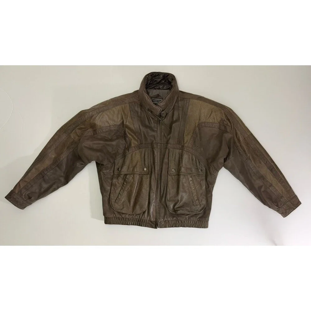 VTG Saxony Bomber Leather Jacket Mens 42 Two Tone Brown Biker Moto 90s Rare